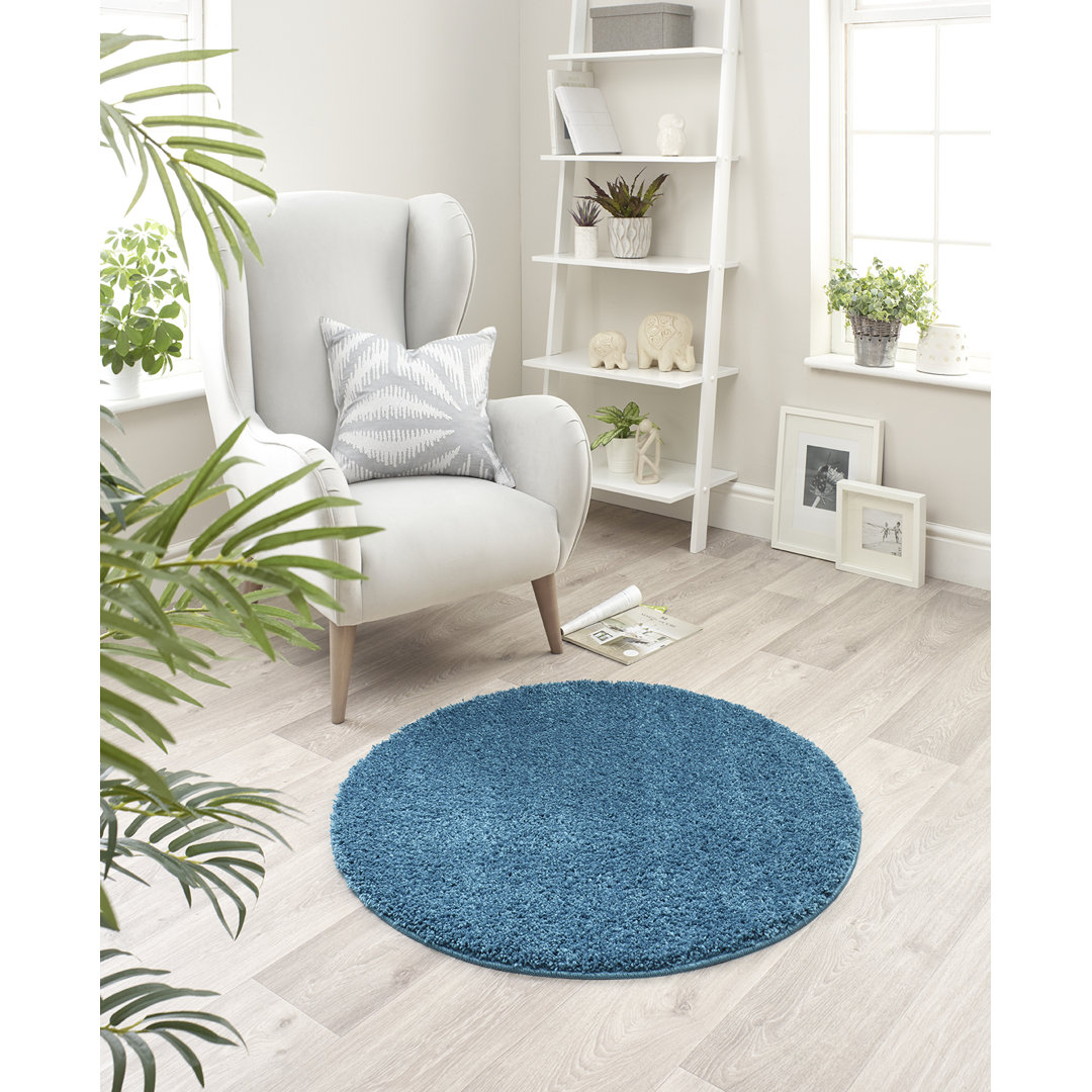 Buddy Solid Colour Shaggy Teal Area Rug Blue Round 100cm